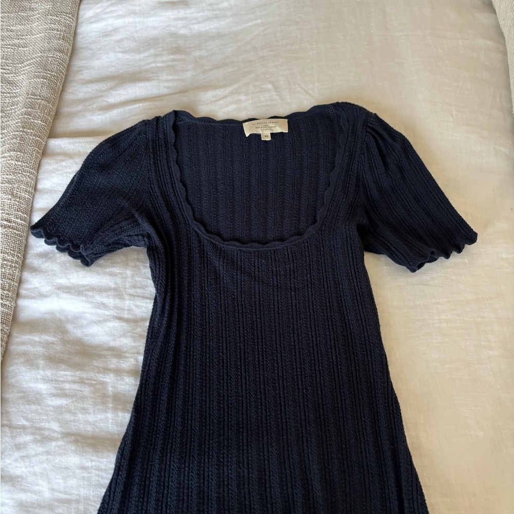 Sezane Navy Short Sleeve Top